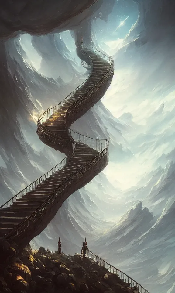 Image similar to endless stairs to universe, sky full of clouds, art by greg rutkowski and peter mohrbacher, featured in artstation, octane render, cinematic, elegant, intricate, ultra detailed, rule of thirds, professional lighting, unreal engine, fantasy, concept art, sharp focus, illustration, 8 k