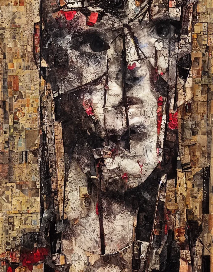 Prompt: vicious crucified passion detailed analogue mixed media collage with canvas texture in style of contemporary art, punk art, hyperrealistic beautiful face, photorealistic, expressionism, masterpiece, perfect composition, spectacular quality, intricate oil details