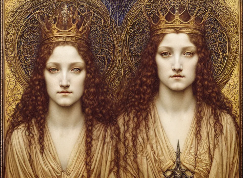 Image similar to detailed realistic beautiful young medieval queen face portrait by jean delville, gustave dore and marco mazzoni, art nouveau, symbolist, visionary, gothic, pre - raphaelite. horizontal symmetry