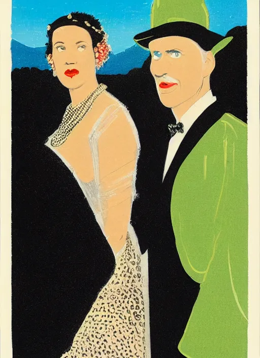 Prompt: an extreme close - up low angle portrait of the young extravagantly dressed queen and her servant at her side in a scenic representation of mother nature and the meaning of life by billy childish, thick visible brush strokes, shadowy landscape painting in the background by beal gifford, vintage postcard illustration, minimalist cover art by mitchell hooks