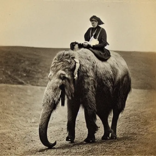 Prompt: vintage photograph of a woman riding a mammoth, 1900s, grain, highly realistic, black and white, Gertrude Käsebier