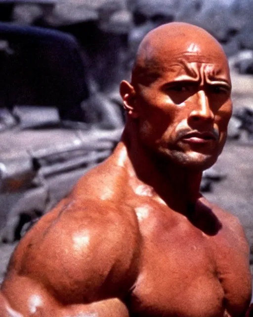 Image similar to film still close up shot of dwayne johnson in the movie mad max 2 the road warrior. photographic, photography