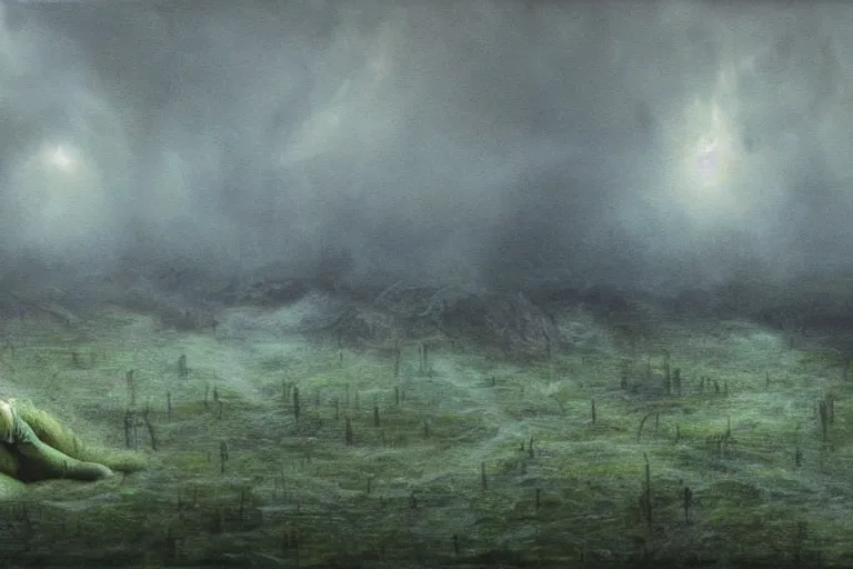 Image similar to Haunting horrifying hyperrealistic detailed painting of an ultrawide landscape showing a tall pale man sitting atop a mountain of humans in a foggy hellscape with spread out lakes of green gelatinous liquid reflective and goop, eyeballs bulging, stars in the sky, a galaxy in the sky, dystopian feel, heavy metal, disgusting, creepy, unsettling, in the style of Michael Whelan and Zdzisław Beksiński, lovecraftian, hyper detailed, trending on Artstation