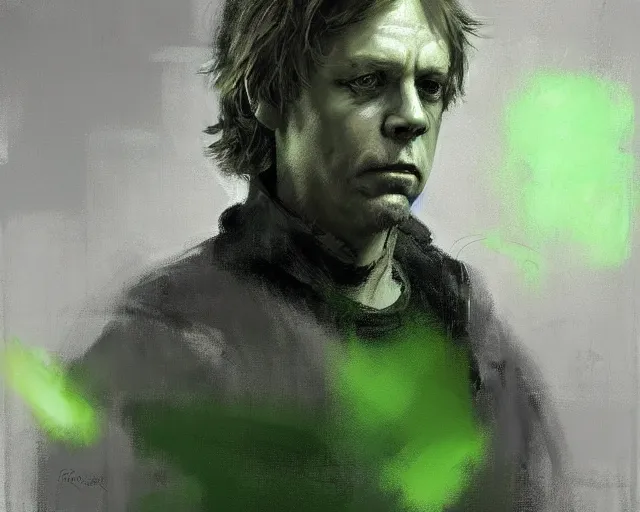 Image similar to portrait of luke skywalker in shades of grey but with green by jeremy mann