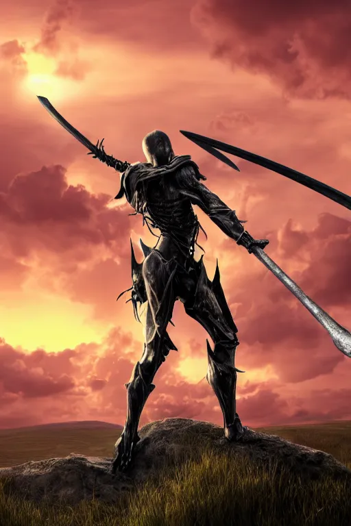 Prompt: photorealistic full body fantasy portrait of death holding a scythe, and wearing a full suit of draconic armor standing on a hill on a sunset, dynamic lighting, photorealistic, 8k, cinematic, stunning, and beautiful scenery