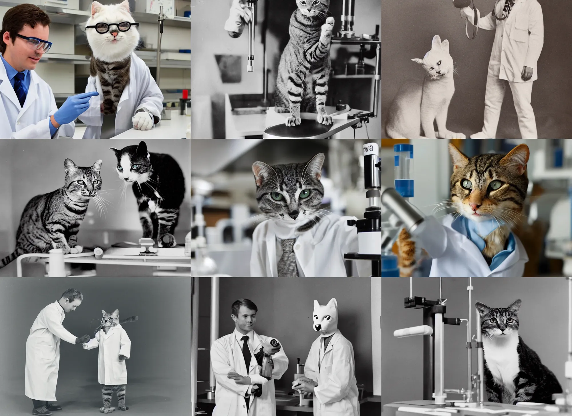 Prompt: photograph of an anthropomorphic cat in a lab coat
