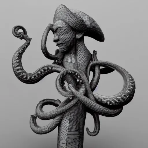 Image similar to 3 d render of a sculpture of a pirate full of tentacles, no colors, white and black, plastic, 4 k, 8 k, hd,