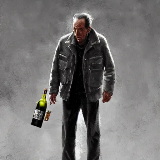 Image similar to a highly detailed epic cinematic concept art CG render digital painting artwork costume design: beareded Humphrey Bogart, old scars, long hair, grizzled, tired, in an old 1950s leather jacket, with a bottle of whisky in hand. By Greg Rutkowski, Ilya Kuvshinov, WLOP, Stanley Artgerm Lau, Ruan Jia and Fenghua Zhong, trending on ArtStation, made in Maya, Blender and Photoshop, octane render, excellent composition, cinematic atmosphere, dynamic dramatic cinematic lighting, aesthetic, very inspirational, arthouse