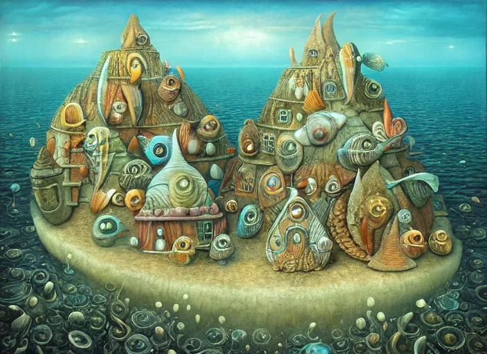 Image similar to underwater city with fish citizens inside!! the seashell, small scandinavian!!! houses, little people!!!, by jacek yerka by levitan, surrealistic painting, masterpiece, oil painting, sharp focus, highly detailed, intricate, smooth, 8 k,