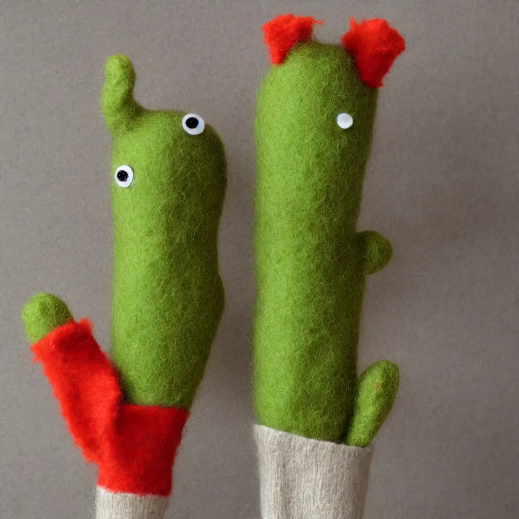 Prompt: a cactus character as a sock puppet, made of wool