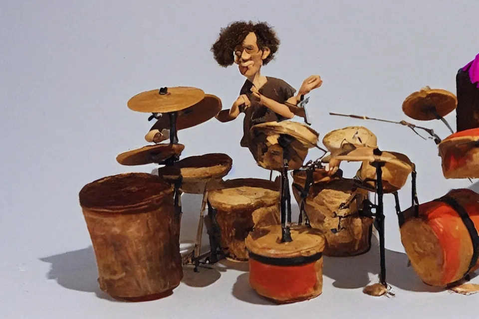 Image similar to a claymation film still of a curly long hair drummer playing the drum set. claymation by bruce bickford