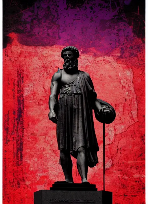 Image similar to design poster showing a statue of marcus aurelius, black background with very subtle red and purple design elements, powerful, nekro, graphic design, collage art, thin lines, dark, glitch art, neo vaporwave, gritty, layout frame, square, trending on artstation