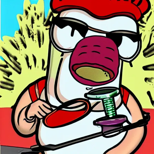 Image similar to master shake using a bong, realistic, meatwad in background