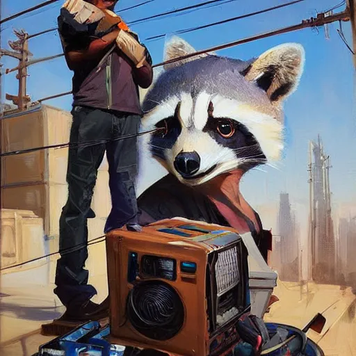 Image similar to greg manchess painting of a trash panda character, holding a box of cables and standing next to old electronic equiptment, medium shot, asymmetrical, profile picture, organic painting, sunny day, matte painting, bold shapes, hard edges, street art, trending on artstation, by huang guangjian and gil elvgren and sachin teng