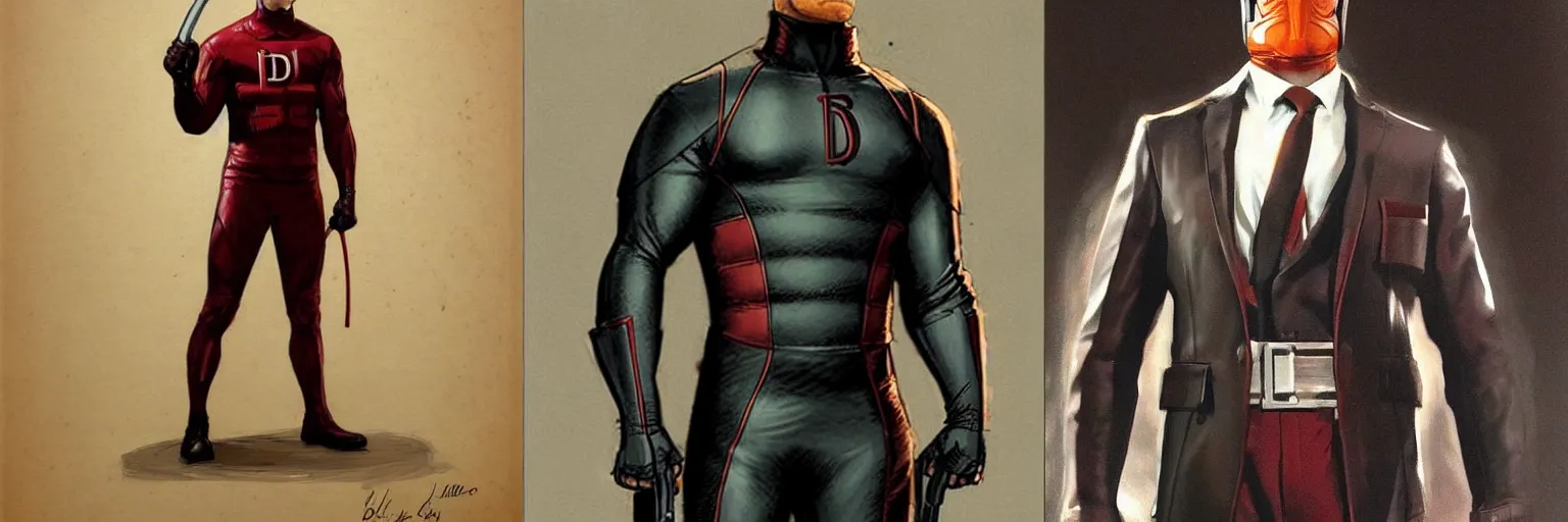 Image similar to daredevil concept art leather suit billy stick painted by jc leyendecker