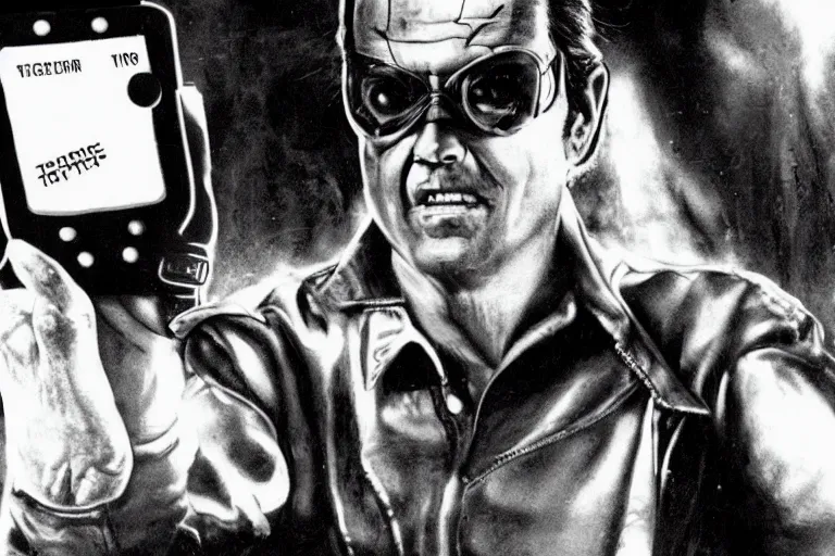 Prompt: Jack Nicholson as Terminator is playing with gameboy scene