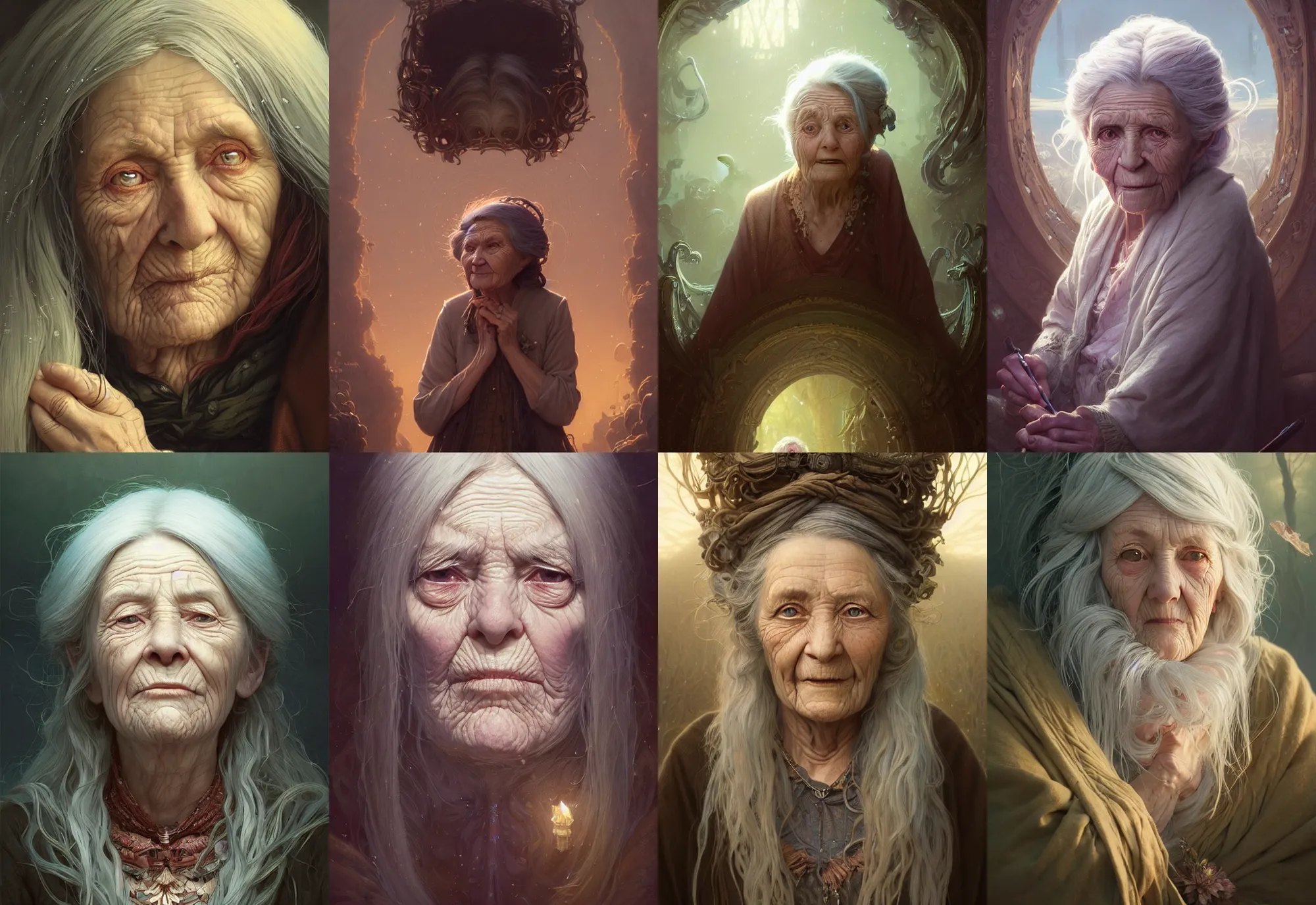 Image similar to highly detailed portrait of a very old woman with long hairs, stephen bliss, unreal engine, fantasy art by greg rutkowski, loish, rhads, ferdinand knab, makoto shinkai and lois van baarle, ilya kuvshinov, rossdraws, tom bagshaw, alphonse mucha, global illumination, radiant light, detailed and intricate environment