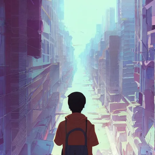 Prompt: teen boy, apocalyptic city the background, apocalypse, digital painting, artstation, highly detailed, by makoto shinkai and thomas kindle and James gilleard