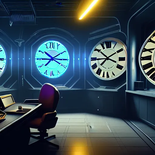 Image similar to clocks in the main office of the time saving bank, cyber punk, retro machinery, futuristic hi-tech details, art by anthony macbain + greg rutkowski + jean giraud, concept art, 4k, sharp focus, cinematic render unreal engine