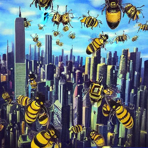 Prompt: “big bees over a city oil panting”