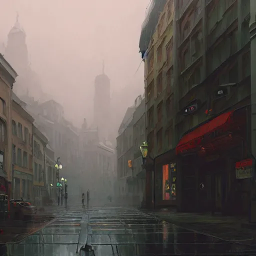 Image similar to movie scene of a downtown, lviv, a very misty day, rainy day, by ian mcque ferdinand knab, makoto shinkai and lois van baarle, artgerm, pixar, ilya kuvshinov,, tom bagshaw, global illumination