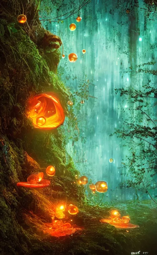 Image similar to fox fire fungi, water bubbles, night view, glowing, fireflies, poster vintage, digital strokes, illustration, bioluminescence, vegetation, portrait, full shot, rim light, pixar, octane render,