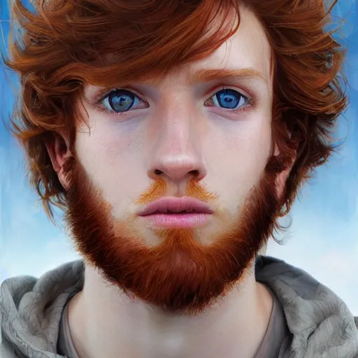 Image similar to 2 4 - year - old man, masculine face, ginger hair, sapphire blue eyes, hyper realistic face, beautiful eyes, highly detailed, digital painting, smooth, sharp, beautiful face, expressive eyes, long fluffy wavy ginger hair, art by greg rutkowski and alex gray