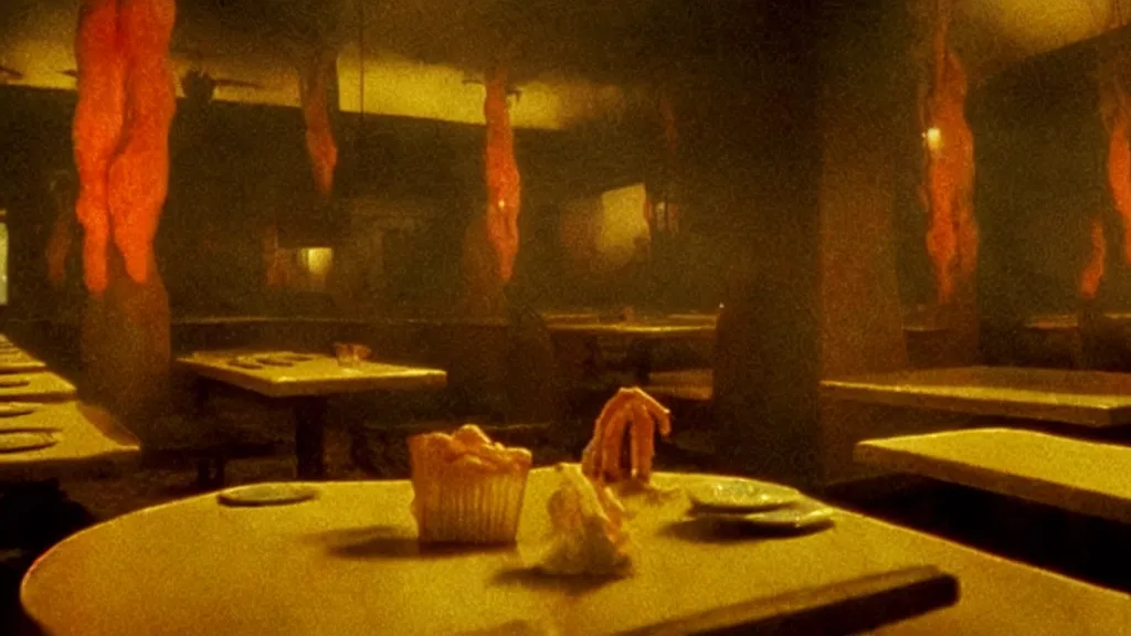 Prompt: the haunted fast food restaurant, film still from the movie directed by denis villeneuve and david cronenberg with art direction by salvador dali and zdzisław beksinski, wide lens