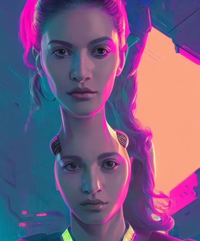 Prompt: beautiful portrait of sana from twice as a sci fi woman, with chaotic vaporwave aesthetic half human half robot, concept art by james gilleard, artstation, cgsociety, synchromism, 8 0 s animation flat cell shaded. with thick black pencil lines!!!!