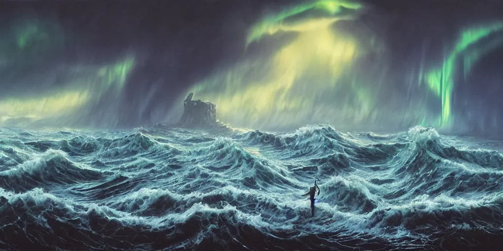 Image similar to evil eldritch lovecraftian scenery seascape, lord of the rings, rough oceans, aurora borealis, mist, leviathan, tentacles, stormy weather, waves, highly detailed, bleak color, perfect lighting, perfect composition, 8 k, brian froud, artgerm, derek zabrocki, greg rutkowski