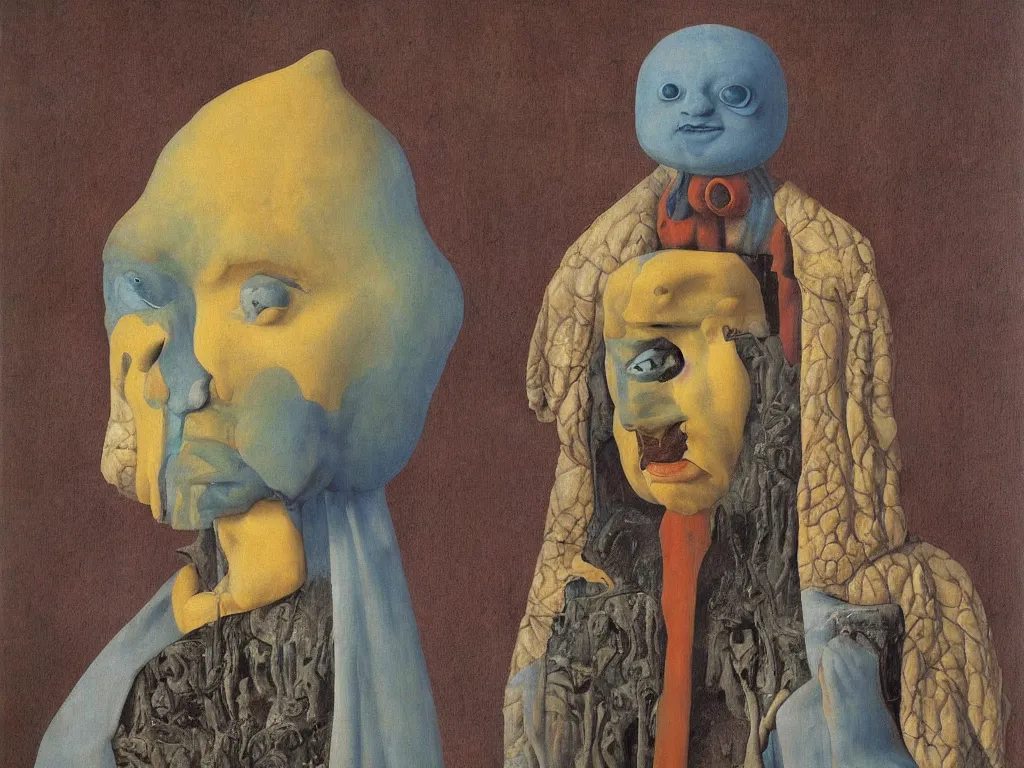 Image similar to Portrait of albino mystic with blue eyes, with totemic archaic mask made from hard lava stone. Painting by Jan van Eyck, Audubon, Rene Magritte, Agnes Pelton, Max Ernst, Walton Ford