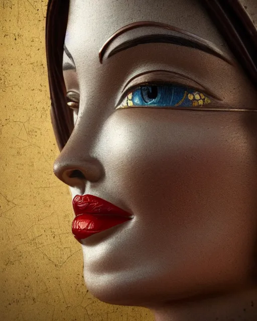 Image similar to highly detailed closeup, face profile portrait of a tin toy angelina jolie as the staue of liberty, bikini, depth of field, nicoletta ceccoli, mark ryden, lostfish, max fleischer, breathtaking, detailed and intricate environment, 8 k resolution, hyperrealistic, octane render