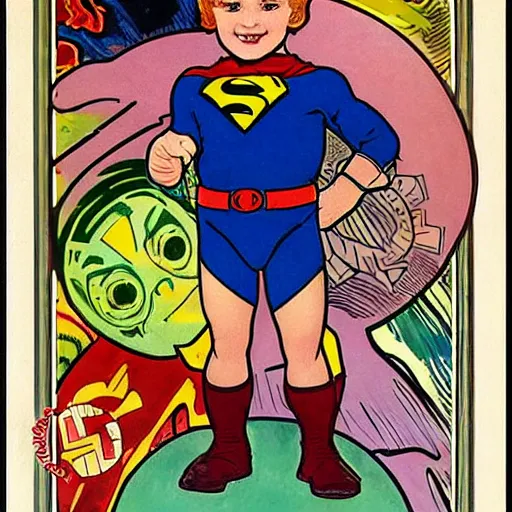 Image similar to a cute little boy with a mischievous face and short ginger hair. he is dressed as a superhero. well composed, clean elegant painting, beautiful detailed face. comic book art by steve ditko and jack kirby and ( alphonse mucha )