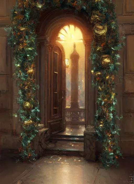 Prompt: wreath on new york apartment building door, artwork by gaston bussiere, craig mullins, trending on artstation