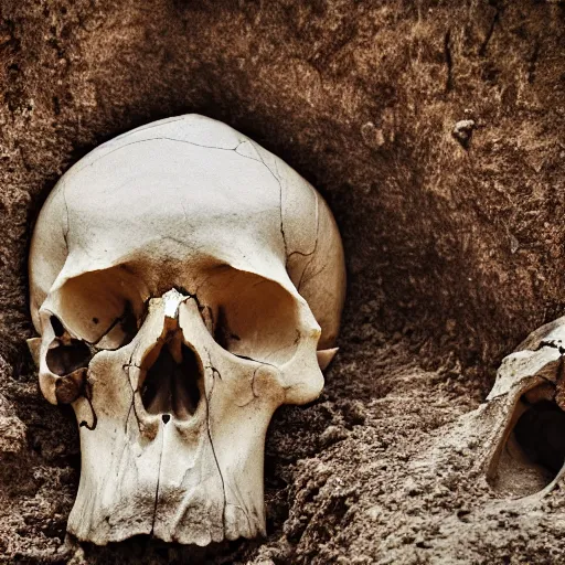 Prompt: a team of archeologists uncovering the skull of a giant. Award winning photography. 15mm lens