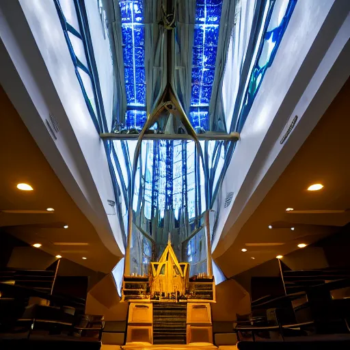 Prompt: solarpunk chapel building, high tech futuristic gothic, beautiful ambient lighting, tall spires of glass, photo