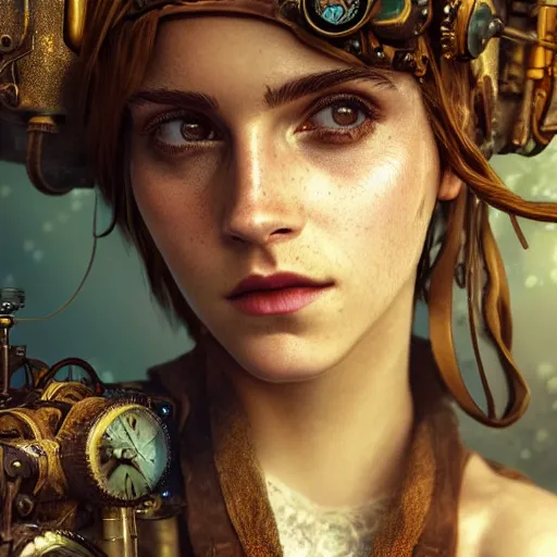 Image similar to underwater steampunk portrait of emma watson, hyper detailed, digital art, cinematic lighting, studio quality, smooth render, unreal engine 5, octane rendered, art style by klimt and nixeu and ian sprigger and wlop and krenz cushart.