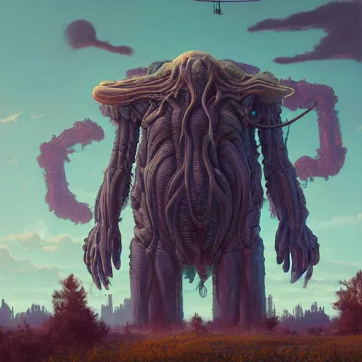 Image similar to a digital painting of a gigantic big enormous humanoid monster standing in the sky, concept art by simon stalenhag and peter mohrbacher cgsociety, vanitas, ominous, lovecraftian, speedpainting, weirdcore. hyper - realistic. photorealistic. octane render. intricate detailed masterpiece. extreme wide shot. realistic shading cinematic dynamic lighting. hdr. ray tracing