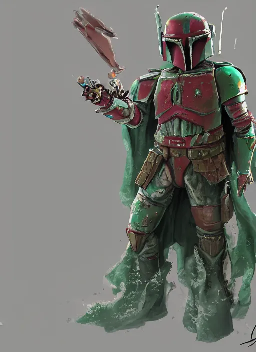 Image similar to arcane wizard x boba fett, fantasy inspired boba fett as a wizard in a scenic environment, 3 d digital art, character mashup, epic volumetric lighting, combination art, photorealistic, sharp focus, aesthetic, inspired by studio ghibli