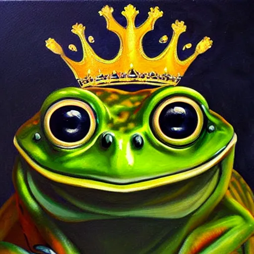 Prompt: beautiful oil painting painting of a frog wearing a crown in swamp