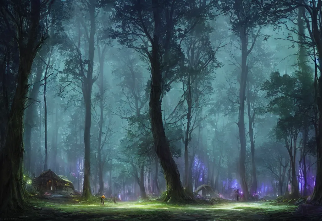Prompt: Lothlorien at night, very dark with green lights, blue lights and purple lights, elven forest town with houses up in the trees, oil painting, very detailed, dramatic lighting, Jakub Kasper, Makoto Shinkai, Simon Stålenhag, matte painting, hyperrealistic, cinematic, elegant, intricate