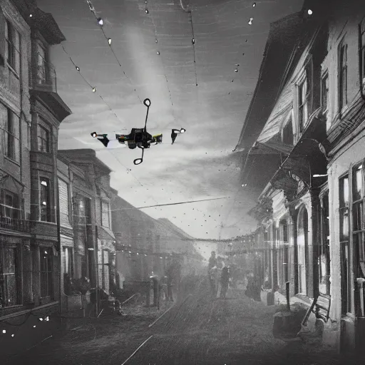 Prompt: grainy 1800s photo of a city street with flying drones and electricity sparking above