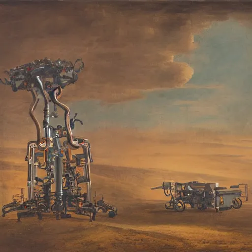Image similar to a machine with 6 mechanical arms painting a landscape