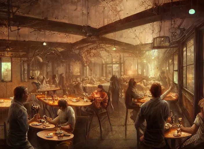 Prompt: a busy restaurant in an abandoned city, cosmic horror painting, elegant intricate digital painting artstation concept art by mark brooks and brad kunkle and, extreme detailed