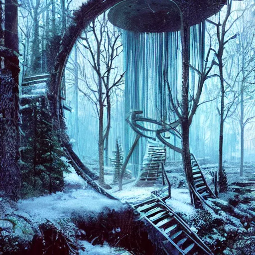 Image similar to stairs leading to a frozen derelict portal in a middle of a snowy lush futuristic forest, lush world seen only through a portal, daylight, cinematic lighting, blue sky, syd mead, john harris