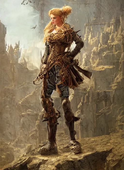 Prompt: highly detailed steampunk armor on a blond who is standing on a rock : leonardo da vinci, greg rutkowski, magali villeneuve