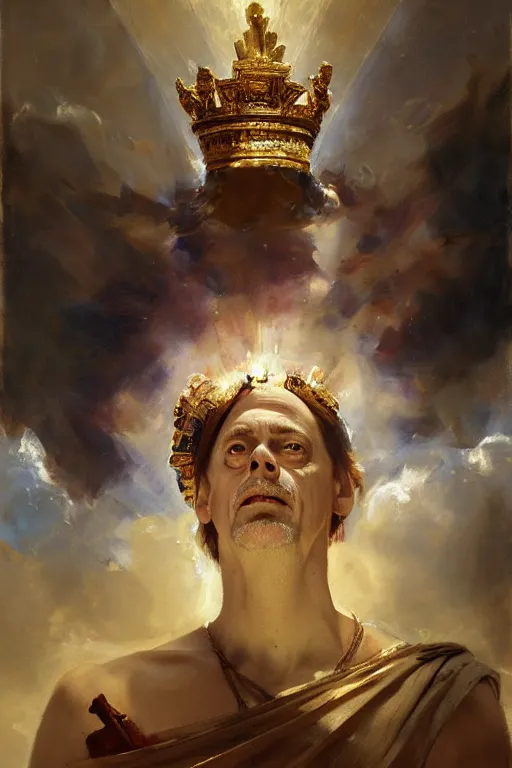 Image similar to beautiful expressive oil painting portrait of ancient roman god emperor steve buscemi ascending wearing the civic crown levitating in religious pose, art by anders zorn, wonderful masterpiece by greg rutkowski, beautiful cinematic light, american romanticism by greg manchess, jessica rossier