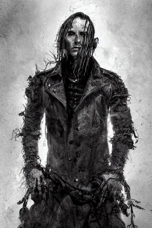 Prompt: a rough looking young man, buzzed hair, gothic, tattered leather coat, intricate, elegant, dramatic lighting, rugged face, highly detailed, lifelike, photorealistic, digital painting, artstation, illustration, concept art, smooth, sharp focus, art by John Collier and Albert Aublet and Krenz Cushart and Artem Demura and Alphonse Mucha