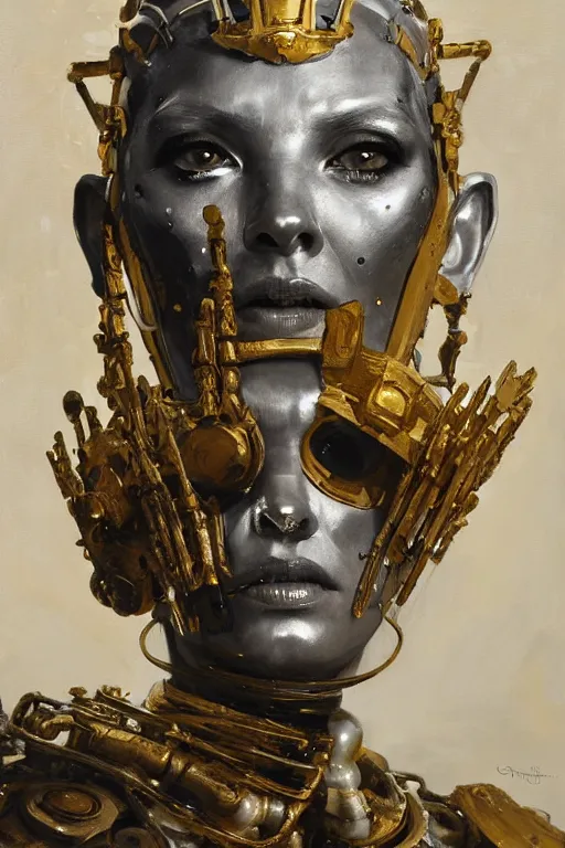 Image similar to beautiful expressive oil painting portrait of ancient robot god queen, silver exoskeleton, with a scratched gold skull mask, japan iconography, art by anders zorn, wonderful masterpiece by greg rutkowski, beautiful cinematic light, american romanticism by greg manchess, jessica rossier