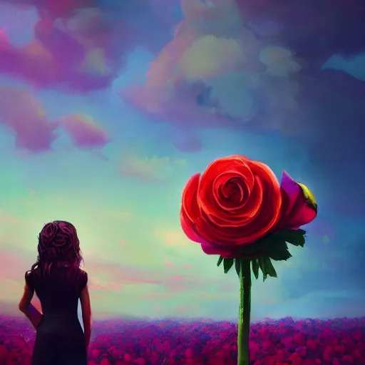 Image similar to closeup, giant rose flower head, frontal, girl in a suit, surreal photography, sunrise, dramatic light, impressionist painting, digital painting, artstation, simon stalenhag